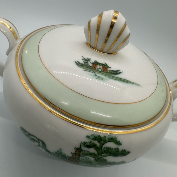 Vintage Narumi Sugar Pot - Fine Chine Green Willow Pagoda - Picture 3 of 10